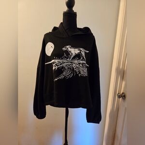 Black Hoodie with Dog and Wave Design